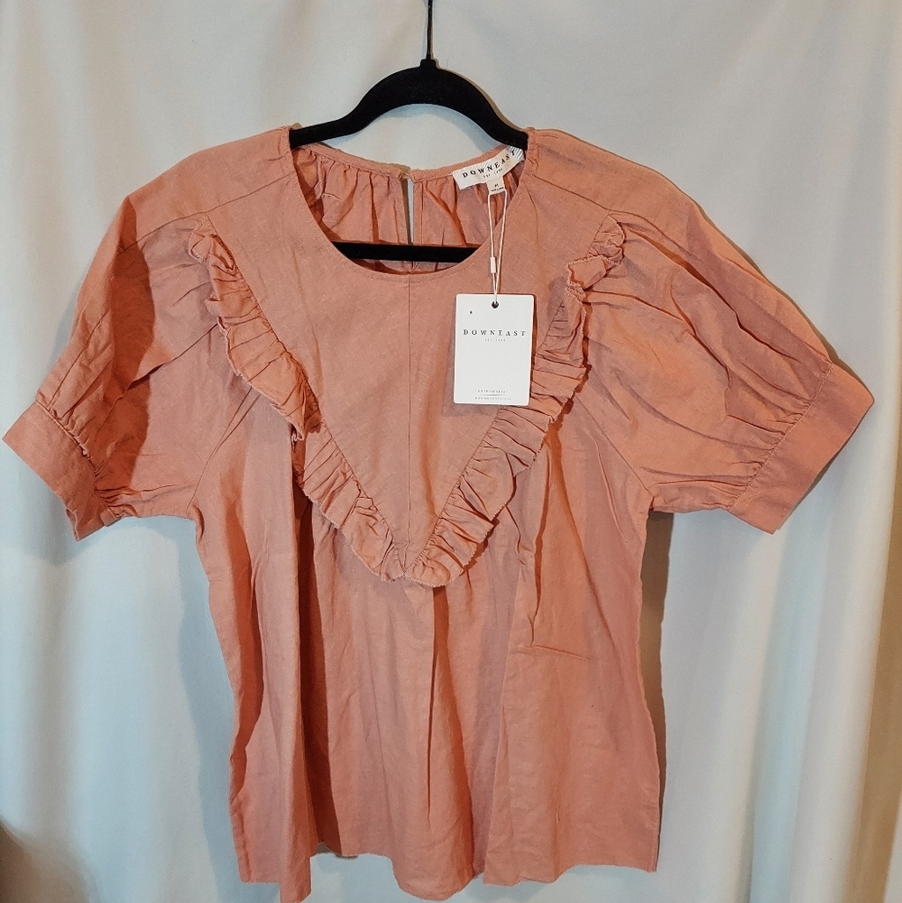 DownEast Dusty Salmon Linen Blend Prairie Ruffle Blouse